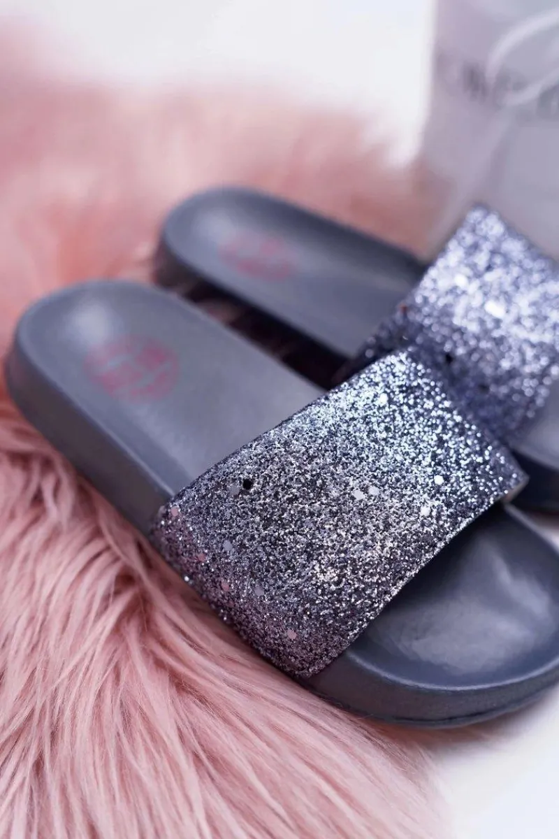 Best Big Star Shoes Klapki Dziecięce Młodzieżowe Big Star Szare Brokatowe AA374087