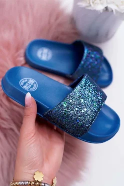 Dziewczęce|Klapki Damskie Klasyczne>Big Star Shoes Klapki Dziecięce Młodzieżowe Big Star Granatowe Brokatowe AA374089