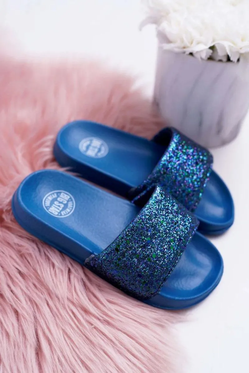 Dziewczęce|Klapki Damskie Klasyczne>Big Star Shoes Klapki Dziecięce Młodzieżowe Big Star Granatowe Brokatowe AA374089