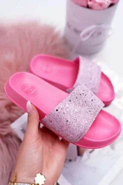 Outlet Klapki Dziecięce Młodzieżowe Big Star Różowe Brokatowe AA374088 Damskie Dziewczęce|Klapki Damskie Klasyczne