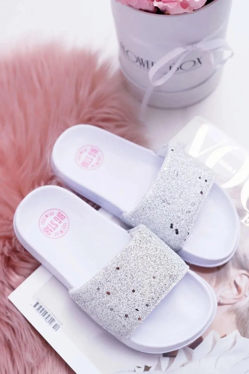 Dziewczęce|Klapki Damskie Klasyczne>Big Star Shoes Klapki Dziecięce Młodzieżowe Big Star Białe Brokatowe AA374086