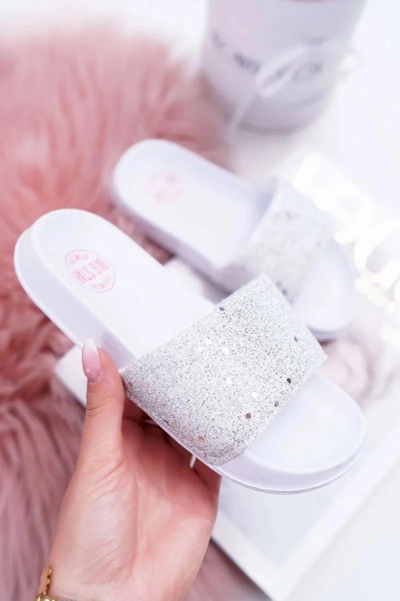 Dziewczęce|Klapki Damskie Klasyczne>Big Star Shoes Klapki Dziecięce Młodzieżowe Big Star Białe Brokatowe AA374086