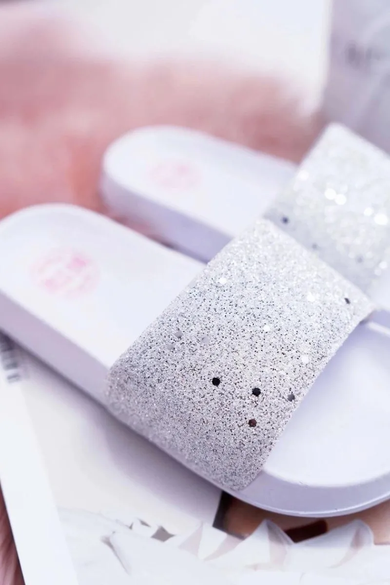 Dziewczęce|Klapki Damskie Klasyczne>Big Star Shoes Klapki Dziecięce Młodzieżowe Big Star Białe Brokatowe AA374086