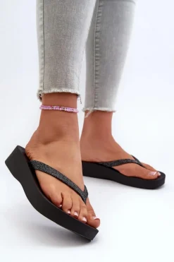 Sale Klapki Japonki Damskie Z Brokatowym Paskiem 83386 Mesh Chic Plat Fem Czarne Damskie Klapki Damskie Japonki