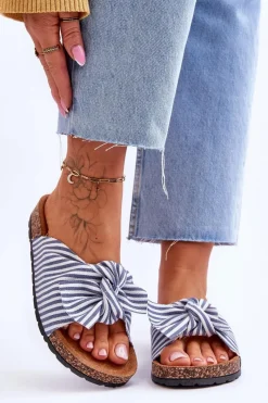 New Boto Klapki Na Korkowej Platformie W Paski Biało-Niebieskie Festive