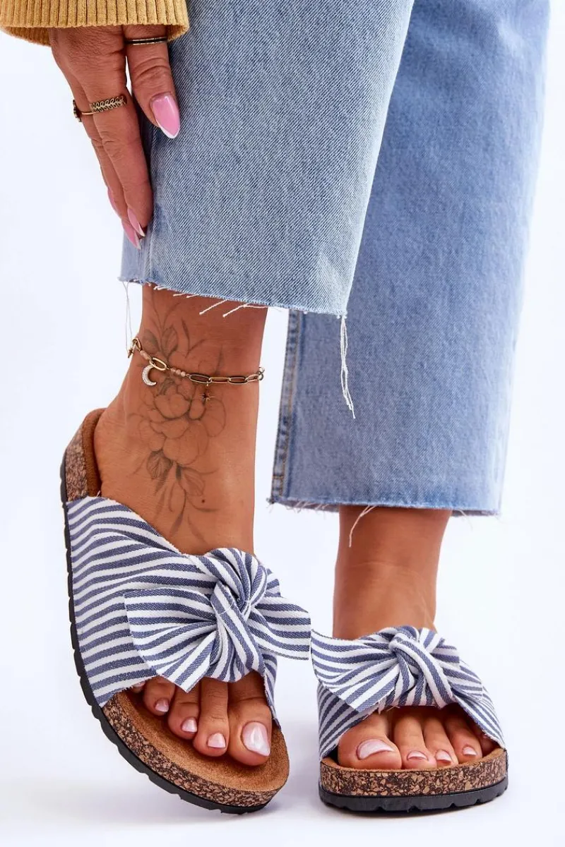 New Boto Klapki Na Korkowej Platformie W Paski Biało-Niebieskie Festive