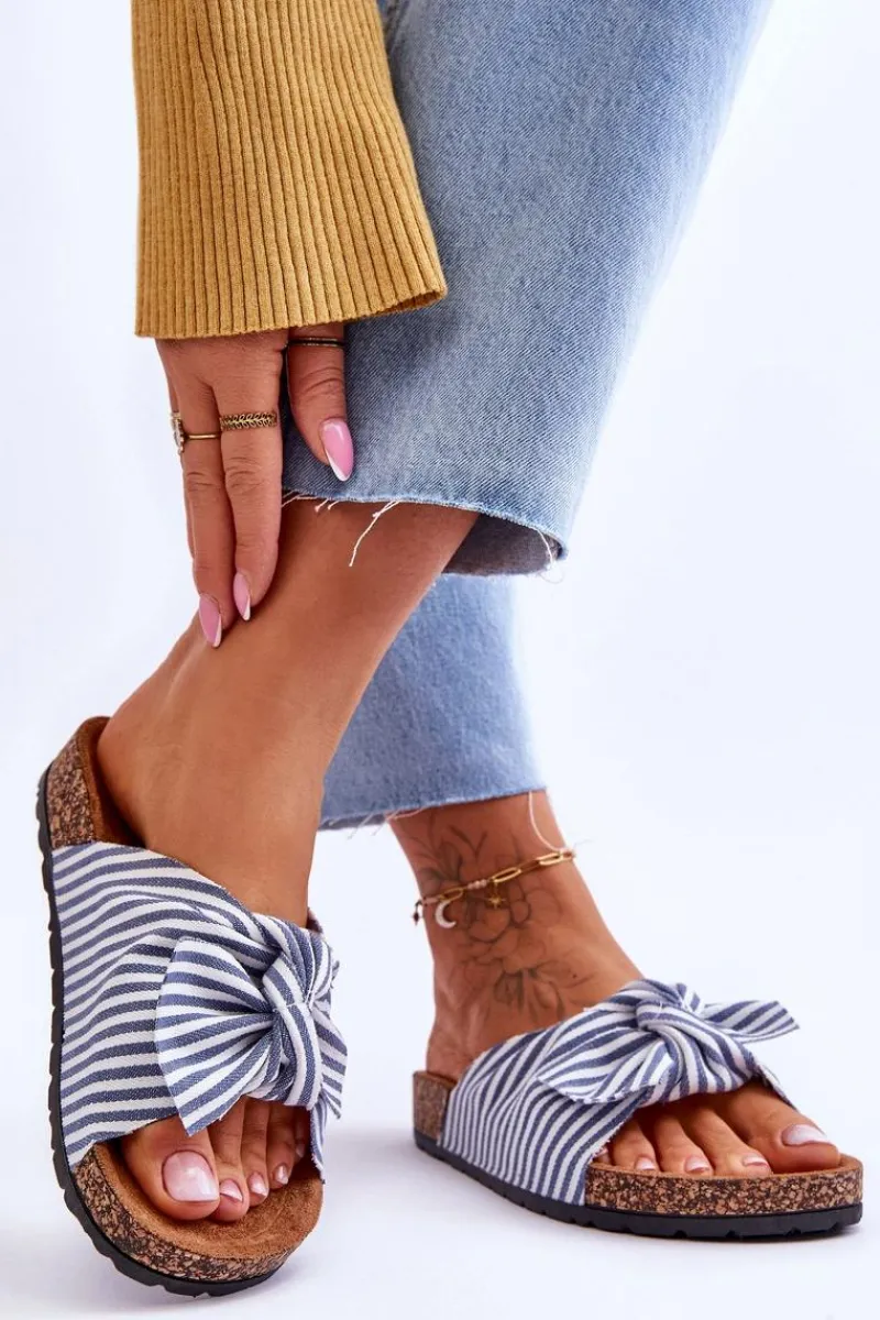 New Boto Klapki Na Korkowej Platformie W Paski Biało-Niebieskie Festive