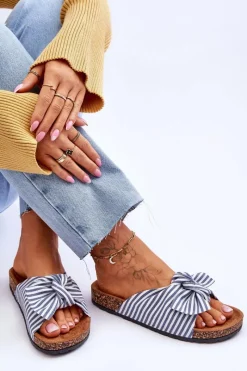 New Boto Klapki Na Korkowej Platformie W Paski Biało-Niebieskie Festive