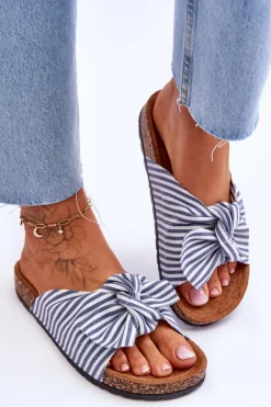 New Boto Klapki Na Korkowej Platformie W Paski Biało-Niebieskie Festive