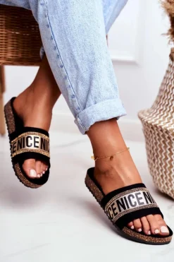 Outlet Klapki Na Korku Z Cyrkoniami Czarno-Złote Be Nice Damskie Klapki Korkowe|Klapki Damskie Klasyczne