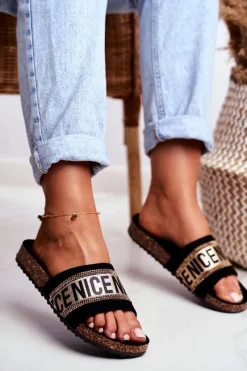 Outlet Klapki Na Korku Z Cyrkoniami Czarno-Złote Be Nice Damskie Klapki Korkowe|Klapki Damskie Klasyczne