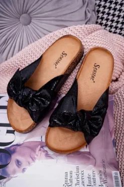 Outlet Klapki Na Korku z Kokardą Czarne Metalics Damskie Klapki Korkowe|Klapki Damskie Klasyczne