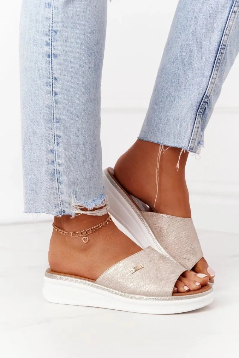 New Buty Sergio Leone Klapki Na Koturnie Sergio Leone SK042 Złote