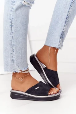 Outlet Klapki Na Koturnie Sergio Leone SK042 Czarne Damskie Klapki Na Koturnie|Klapki Na Obcasie