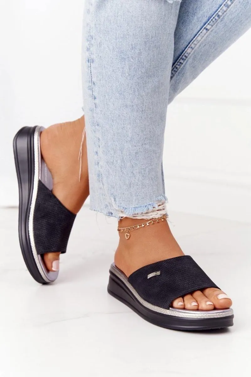 Outlet Klapki Na Koturnie Sergio Leone SK042 Czarne Damskie Klapki Na Koturnie|Klapki Na Obcasie