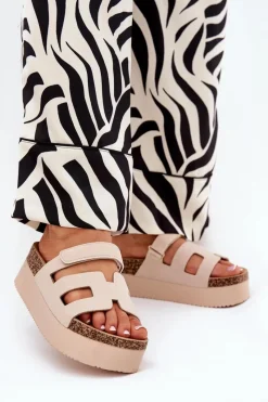 Sale Klapki Na Masywnej Platformie Beżowe Daldiva Damskie Klapki Korkowe|Klapki Na Platformie