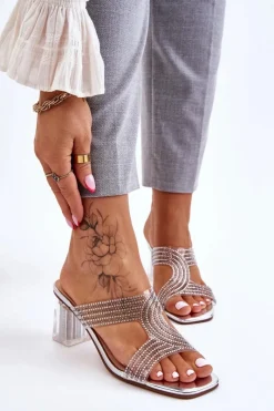 Outlet Klapki Na Obcasie Z Dżetami Srebrne Jaxen Damskie Klapki Na Obcasie|Klapki Damskie Klasyczne