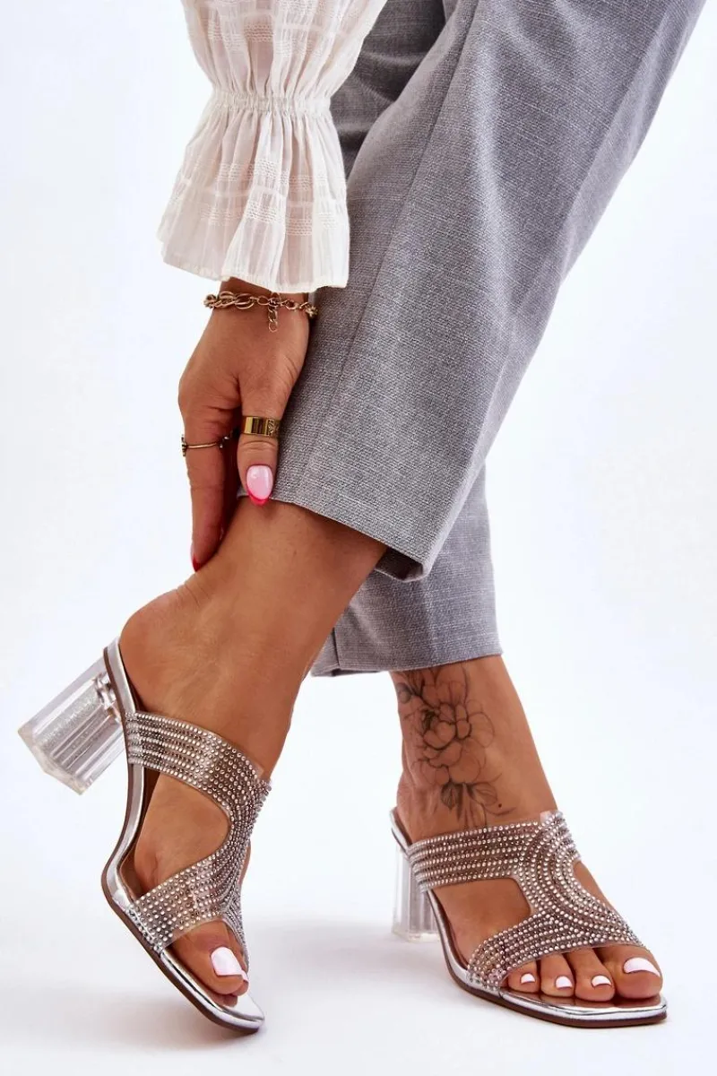 Outlet Klapki Na Obcasie Z Dżetami Srebrne Jaxen Damskie Klapki Na Obcasie|Klapki Damskie Klasyczne