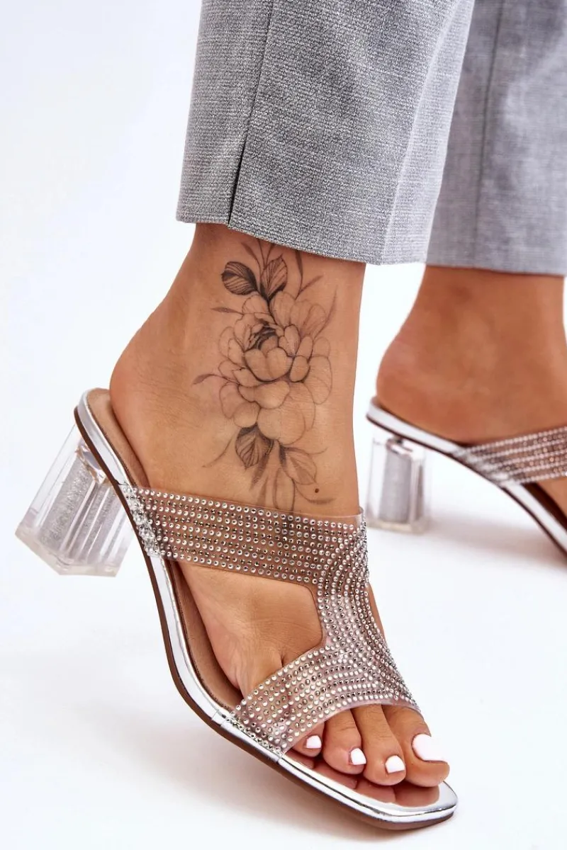 Outlet Klapki Na Obcasie Z Dżetami Srebrne Jaxen Damskie Klapki Na Obcasie|Klapki Damskie Klasyczne