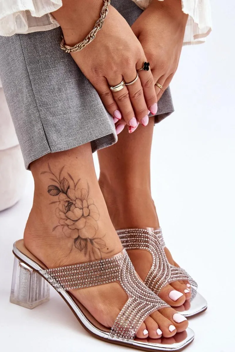 Outlet Klapki Na Obcasie Z Dżetami Srebrne Jaxen Damskie Klapki Na Obcasie|Klapki Damskie Klasyczne