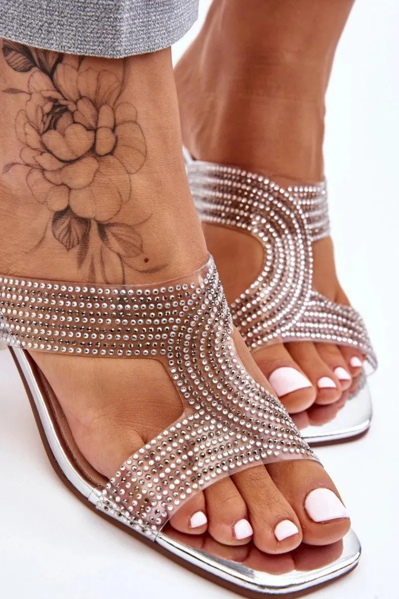 Outlet Klapki Na Obcasie Z Dżetami Srebrne Jaxen Damskie Klapki Na Obcasie|Klapki Damskie Klasyczne