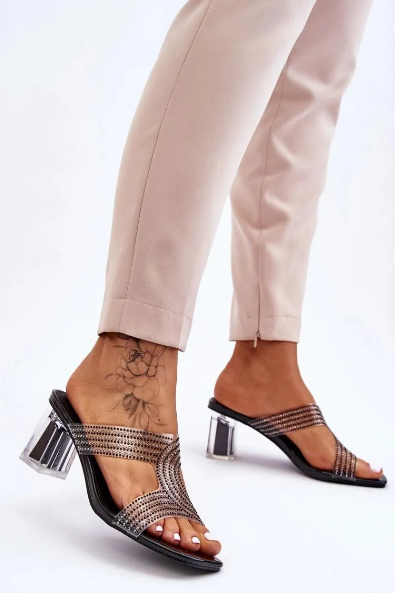 Klapki Na Obcasie|Klapki Damskie Klasyczne>Damskie buty S.Barski Klapki Na Obcasie Z Dżetami Czarne Jaxen