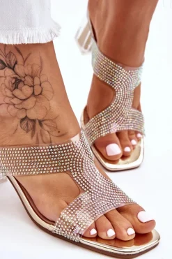 Discount Damskie buty S.Barski Klapki Na Obcasie Z Dżetami Złote Jaxen