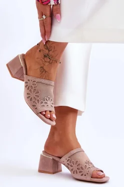 New Damskie buty S.Barski Klapki Na Obcasie Z Siateczką S.Barski KV-612-1 Nude Różowy