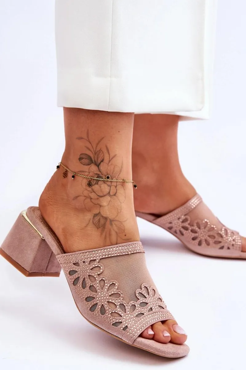 New Damskie buty S.Barski Klapki Na Obcasie Z Siateczką S.Barski KV-612-1 Nude Różowy