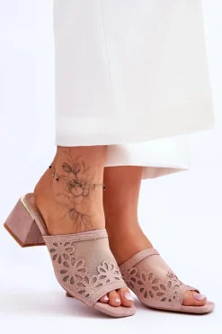 New Damskie buty S.Barski Klapki Na Obcasie Z Siateczką S.Barski KV-612-1 Nude Różowy