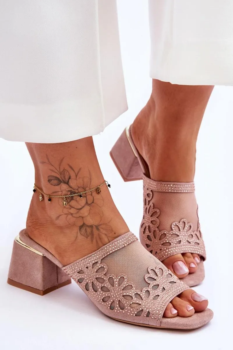 New Damskie buty S.Barski Klapki Na Obcasie Z Siateczką S.Barski KV-612-1 Nude Różowy