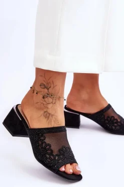 Sale Klapki Na Obcasie Z Siateczką S.Barski KV-612-1 Czarne Damskie Klapki Na Obcasie|Klapki Damskie Klasyczne