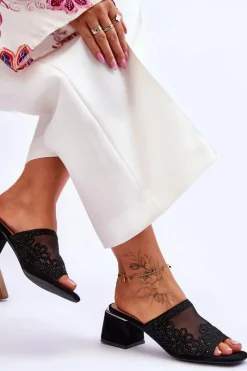 Sale Klapki Na Obcasie Z Siateczką S.Barski KV-612-1 Czarne Damskie Klapki Na Obcasie|Klapki Damskie Klasyczne