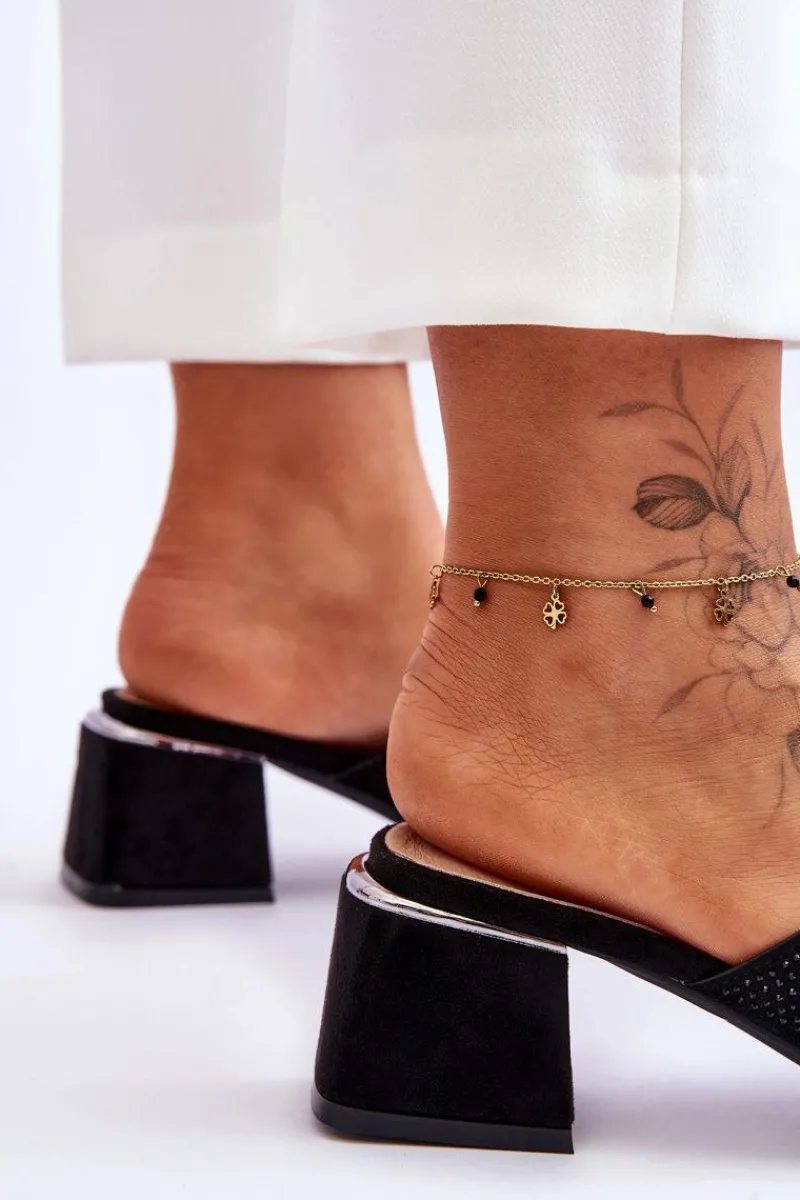 Sale Klapki Na Obcasie Z Siateczką S.Barski KV-612-1 Czarne Damskie Klapki Na Obcasie|Klapki Damskie Klasyczne