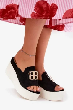 Sale Klapki Na Platformie I Koturnie Z Ozdobą Czarne Tanonea Damskie Klapki Na Koturnie|Klapki Na Platformie