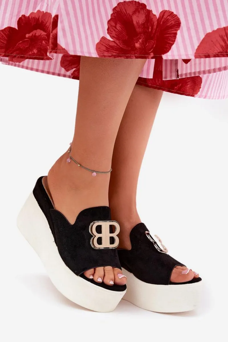 Sale Klapki Na Platformie I Koturnie Z Ozdobą Czarne Tanonea Damskie Klapki Na Koturnie|Klapki Na Platformie