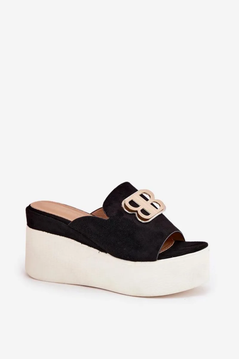 Sale Klapki Na Platformie I Koturnie Z Ozdobą Czarne Tanonea Damskie Klapki Na Koturnie|Klapki Na Platformie