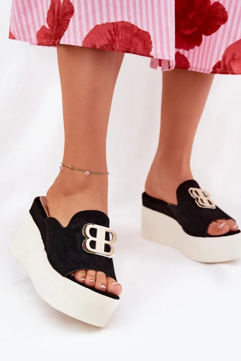 Sale Klapki Na Platformie I Koturnie Z Ozdobą Czarne Tanonea Damskie Klapki Na Koturnie|Klapki Na Platformie