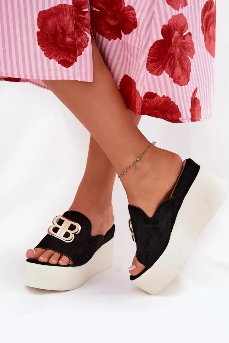 Sale Klapki Na Platformie I Koturnie Z Ozdobą Czarne Tanonea Damskie Klapki Na Koturnie|Klapki Na Platformie