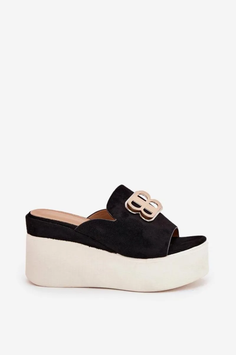 Sale Klapki Na Platformie I Koturnie Z Ozdobą Czarne Tanonea Damskie Klapki Na Koturnie|Klapki Na Platformie