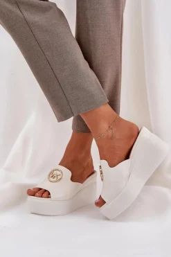 Discount Klapki Na Platformie I Koturnie Z Ozdobą Białe Nanessia Damskie Klapki Na Koturnie|Klapki Na Platformie