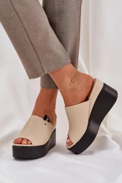 Outlet Klapki Na Platformie I Koturnie Eko Skórzane Beżowe Eridoria Damskie Klapki Na Koturnie|Klapki Damskie Klasyczne