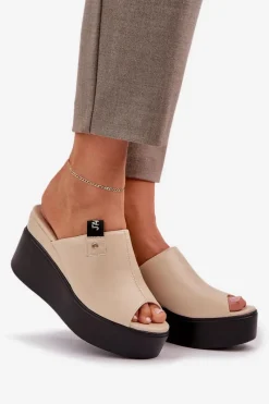 Outlet Klapki Na Platformie I Koturnie Eko Skórzane Beżowe Eridoria Damskie Klapki Na Koturnie|Klapki Damskie Klasyczne
