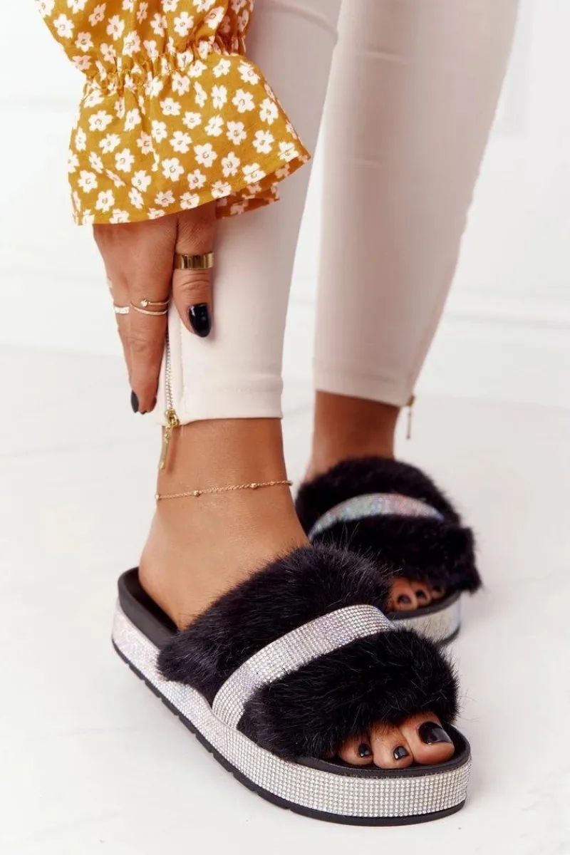 Klapki Z Futerkiem|Klapki Na Platformie>Boto Klapki Na Platformie Z Futerkiem I Cyrkoniami Czarne Impress