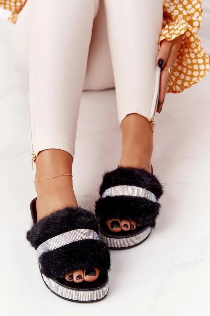 Klapki Z Futerkiem|Klapki Na Platformie>Boto Klapki Na Platformie Z Futerkiem I Cyrkoniami Czarne Impress