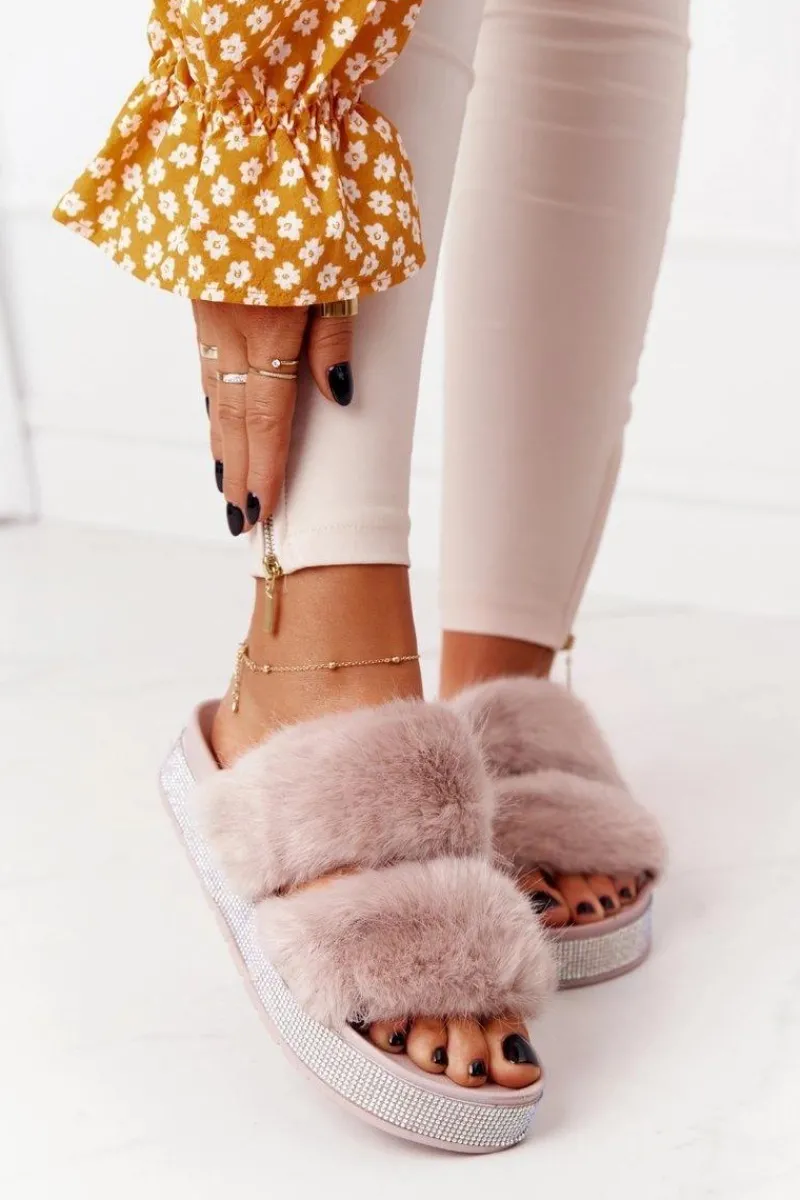 Outlet Boto Klapki Na Platformie Z Futerkiem I Cyrkoniami Beżowe Wow!