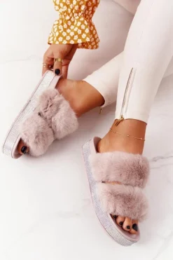 Outlet Boto Klapki Na Platformie Z Futerkiem I Cyrkoniami Beżowe Wow!