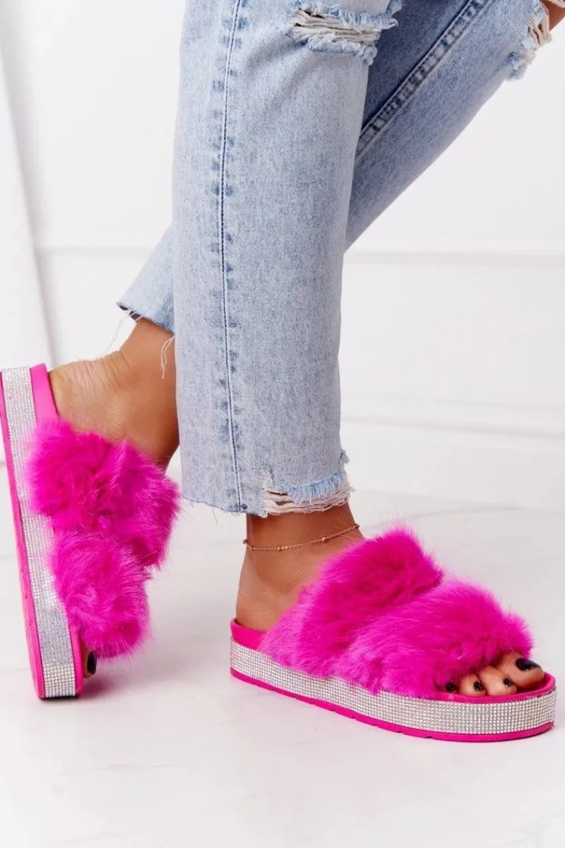 Klapki Z Futerkiem|Klapki Na Platformie>Boto Klapki Na Platformie Z Futerkiem I Cyrkoniami Fuksja Wow!