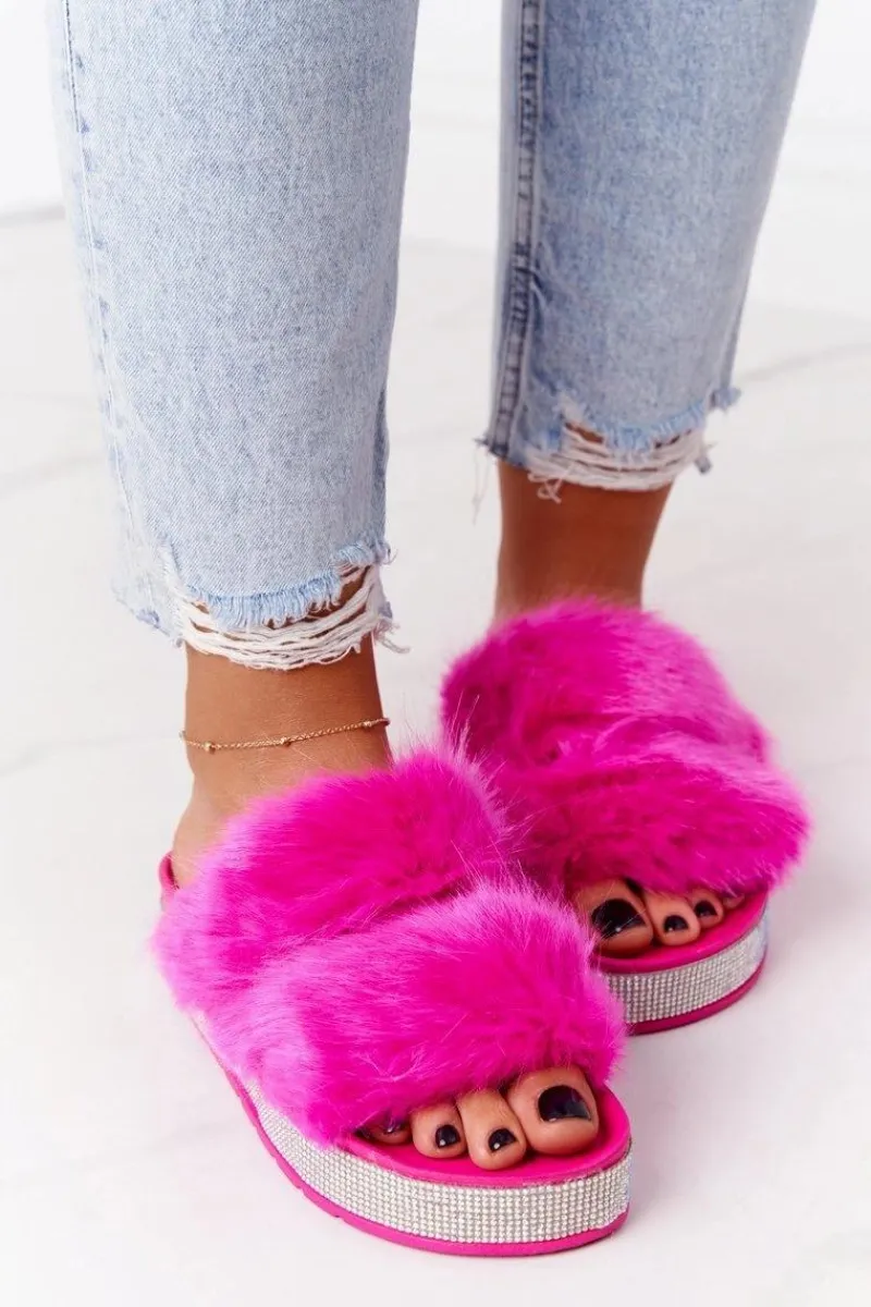 Klapki Z Futerkiem|Klapki Na Platformie>Boto Klapki Na Platformie Z Futerkiem I Cyrkoniami Fuksja Wow!