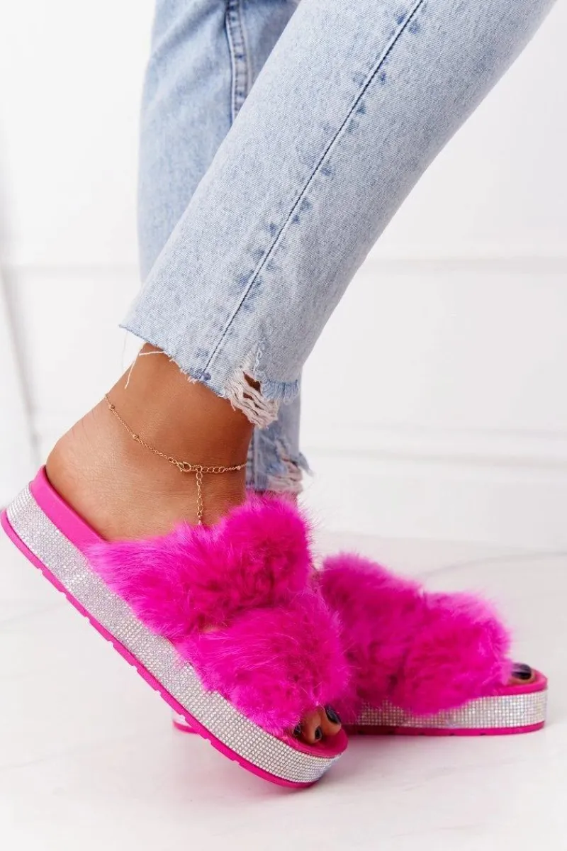 Klapki Z Futerkiem|Klapki Na Platformie>Boto Klapki Na Platformie Z Futerkiem I Cyrkoniami Fuksja Wow!